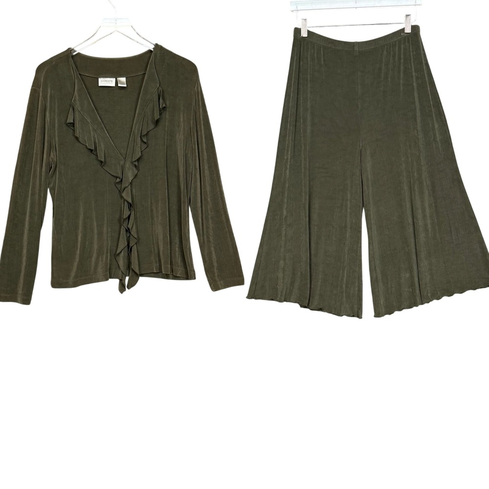 Chicos Travelers Pant Set 2 Womens 12 Olive Green Ruffle Cardigan Wide Leg Crop